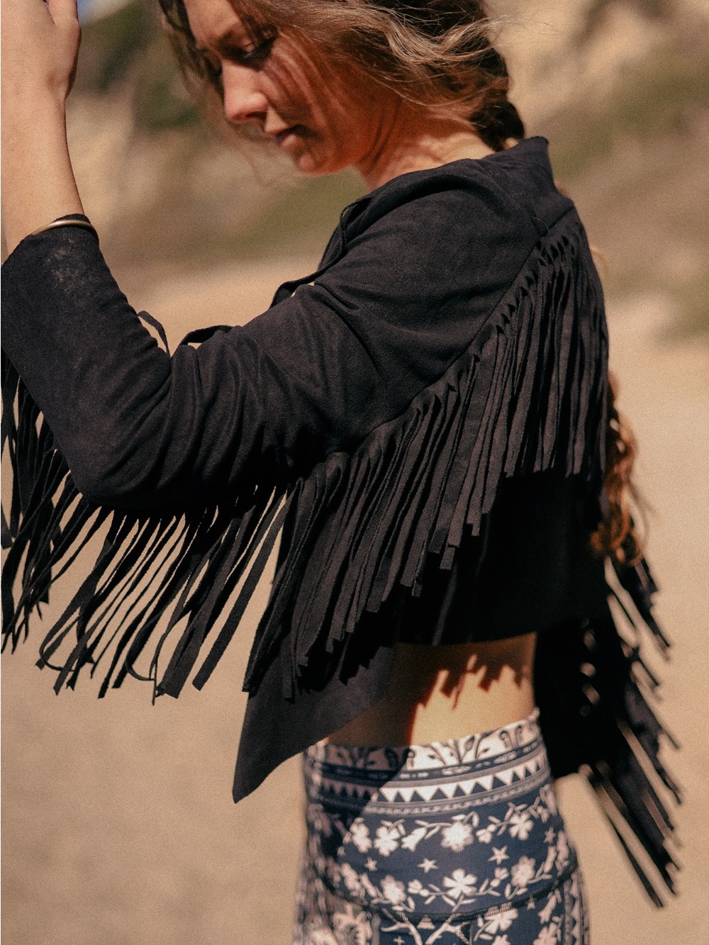 Fifth Avenue Black Fringe Cropped Faux Suede Western Jacket S